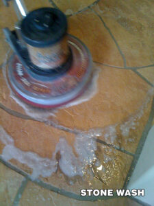 Tile floor being professionally cleaned and polished by Arizona Tile and Grout Care in Tucson, Arizona.
