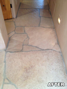 Tile and grout cleaning on entryway Saltillo flooring in Tucson.