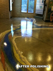 Artistic epoxy river-style concrete floor professionally cleaned in Tucson, Arizona